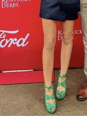 Charlotte Olympia Emerald Green Suede Leaf Cutout Lace-Up Heels